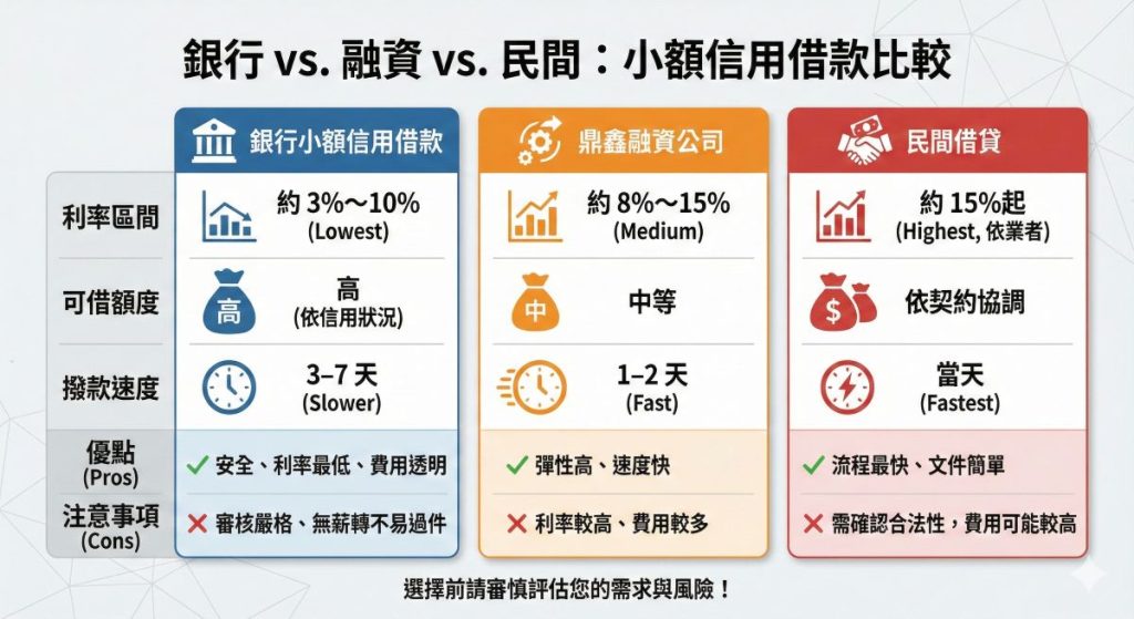 銀行、民間銀行和融資公司的小額信用借款差異在哪？
